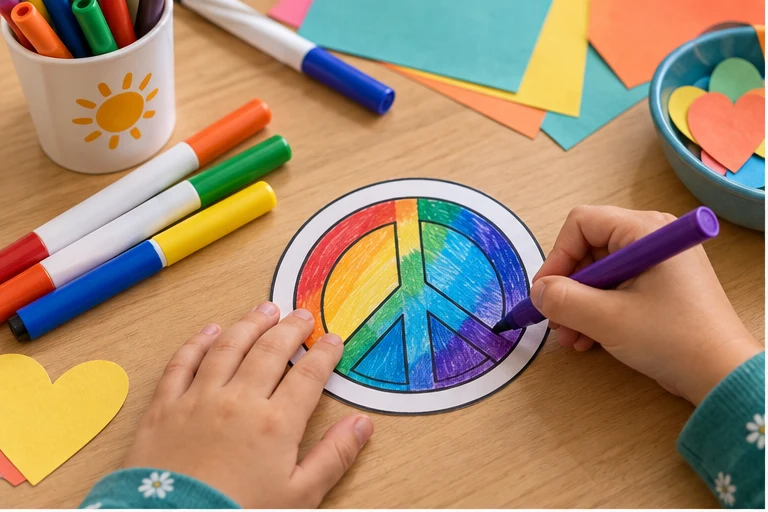 Children coloring a rainbow peace-sign badge at a craft table