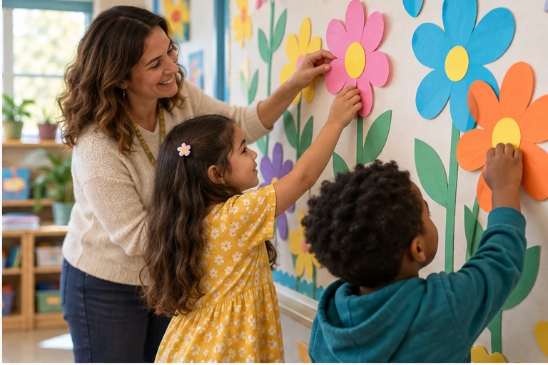 Students and a teacher arranging colorful paper flowers on a classroom wall
