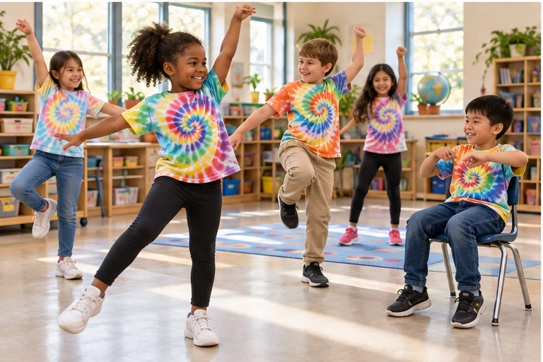 Students enjoying a classroom freeze dance with seated and standing movements