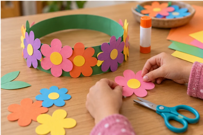 Paper flower headband and craft supplies arranged on a table