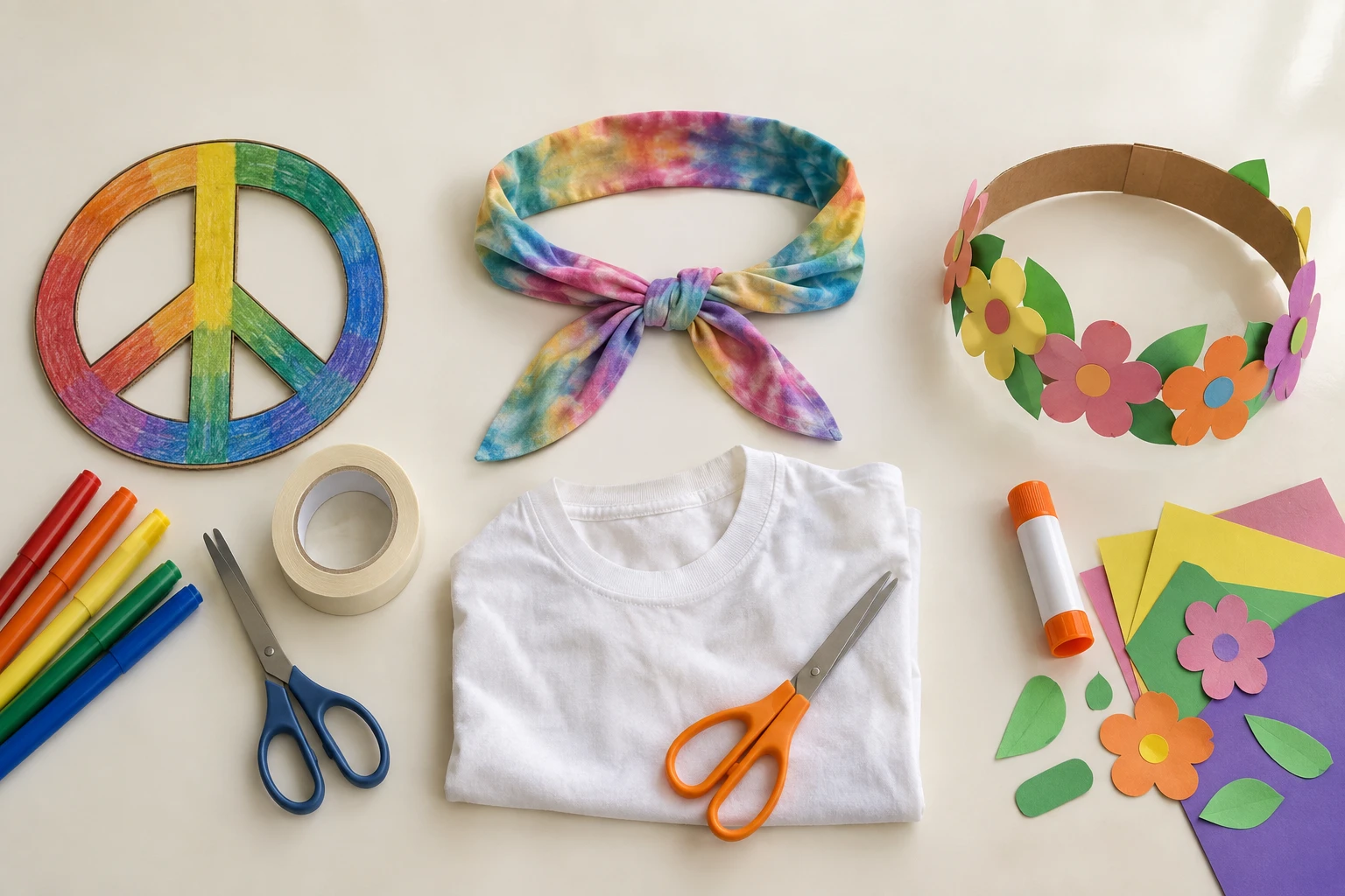 Paper peace-sign badge and craft supplies