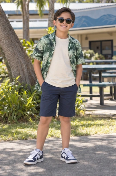 Palm-Print Shirt & Navy Shorts