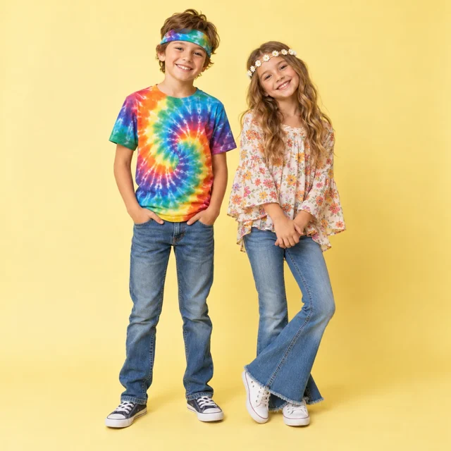Two easy Hippie Day outfits using tie-dye and floral prints