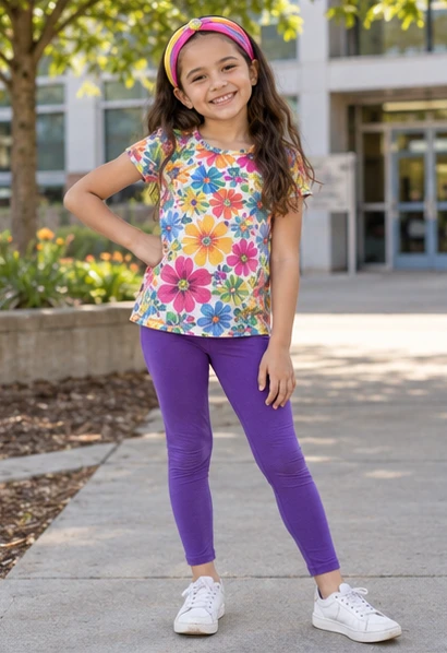 Floral Top & Purple Leggings Outfit