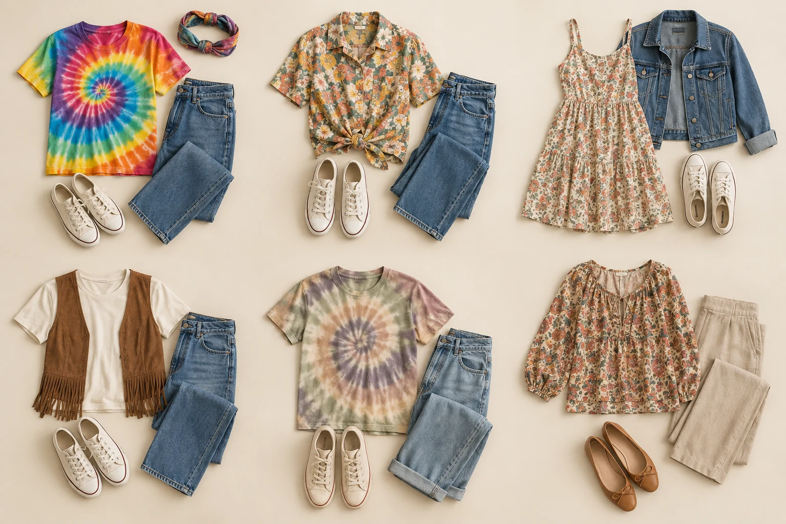Tie-dye shirt and jeans outfit flatlay
