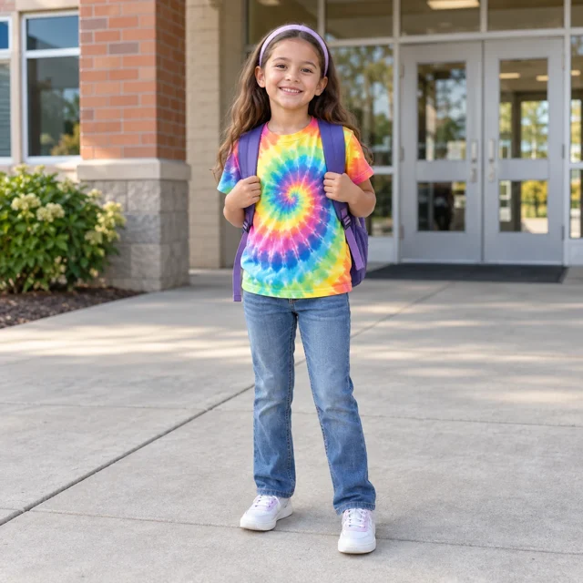 Student wearing a colorful tie-dye outfit arriving at school