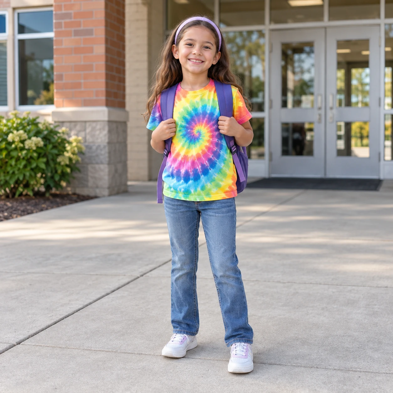 Child wearing a tie-dye shirt, jeans, sneakers, and a backpack for Hippie Day at school