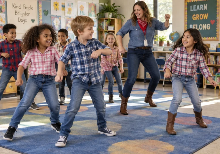Children enjoying a Western Day classroom movement break