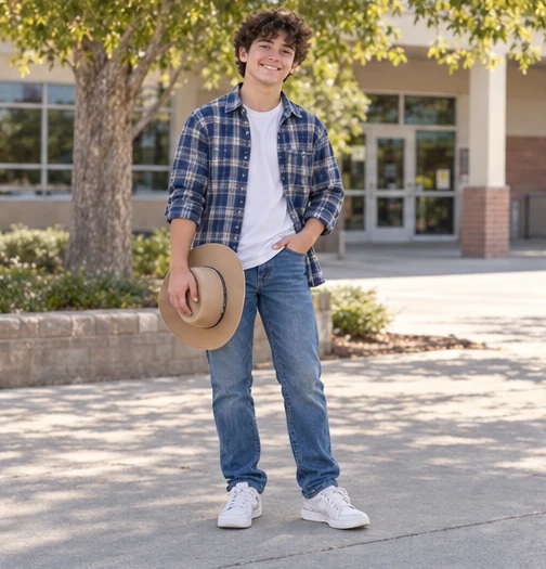 Simple western outfit with a plaid shirt and jeans
